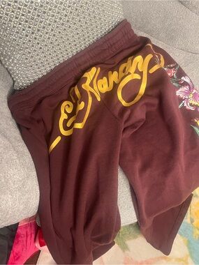 Ed Hardy Women' Maroon Sweatpants with Gold Script